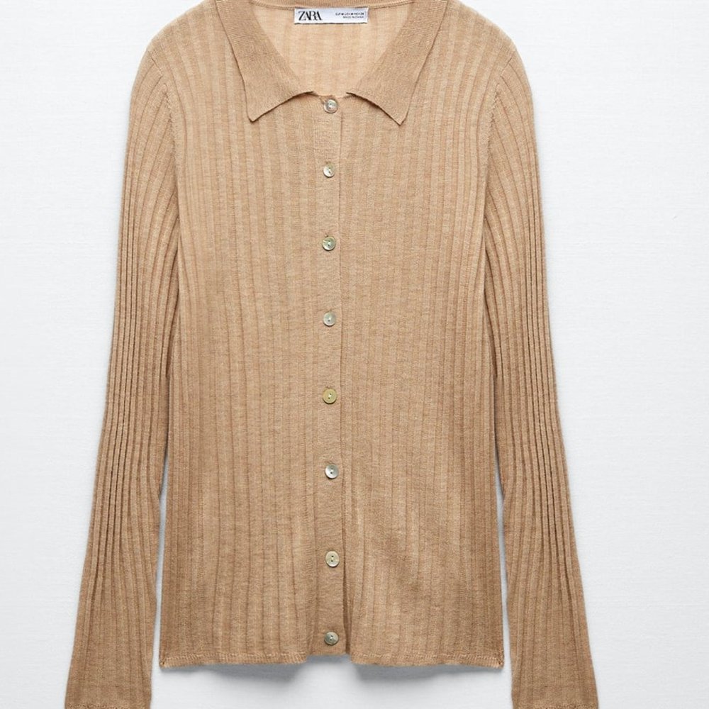 ZARA - RIB KNIT BUTTONED POLO SWEATER in Sand, Size Small